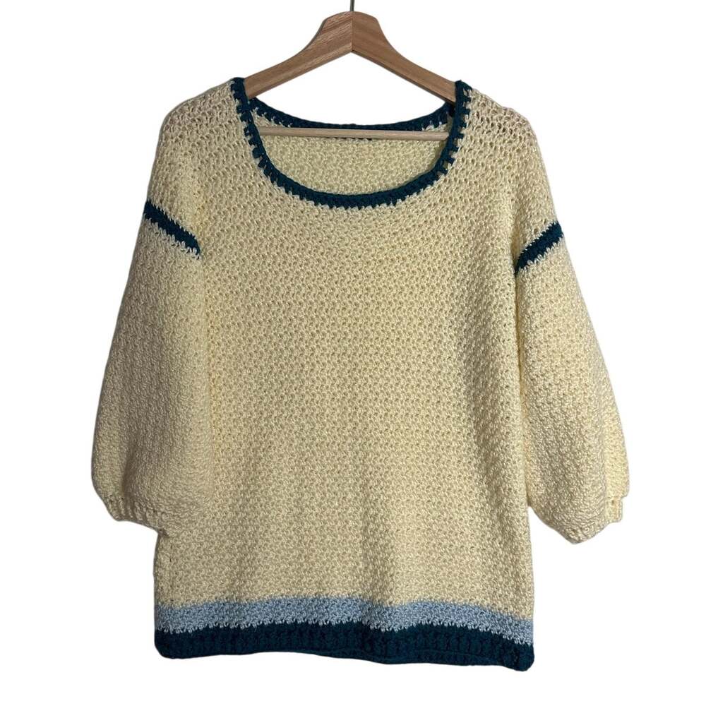 Handmade Crochet Cream Sweater with Navy Light Blue Trim 3/4 Balloon Sleeves